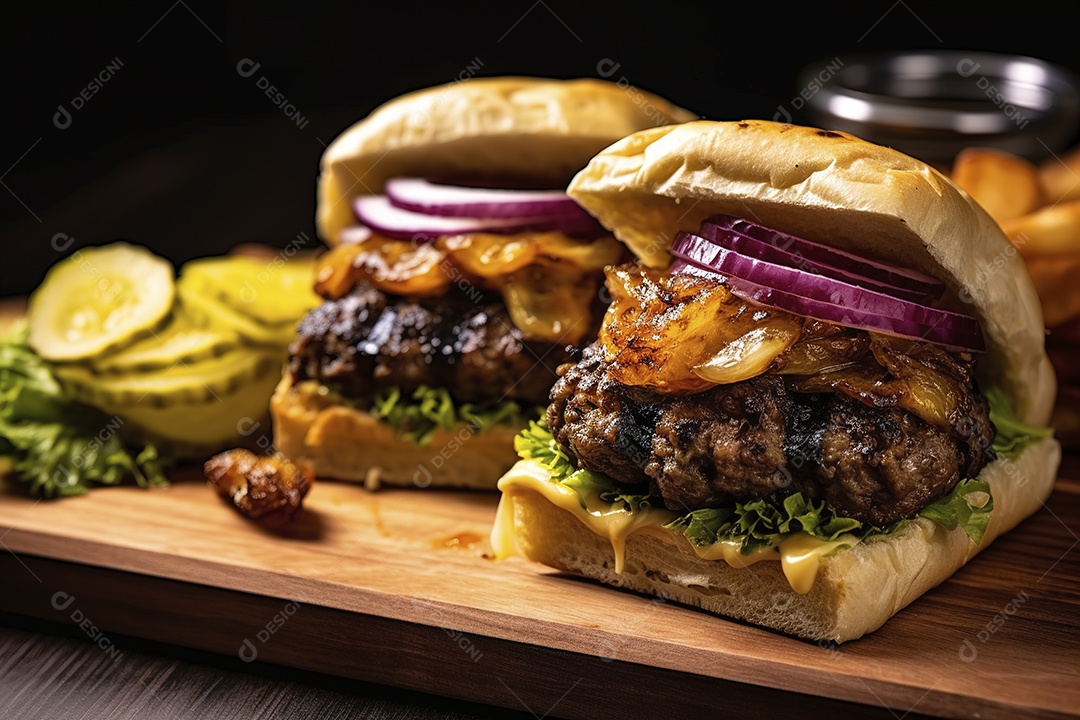 Hambúrguer saboroso de carne com queijo e salada