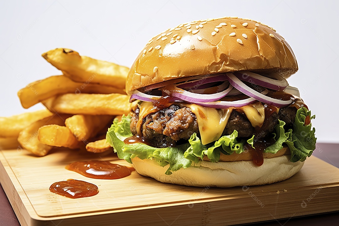 Hambúrguer saboroso de carne com queijo e salada