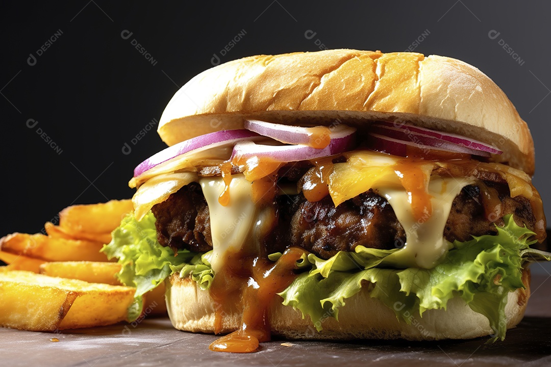 Hambúrguer saboroso de carne com queijo e salada