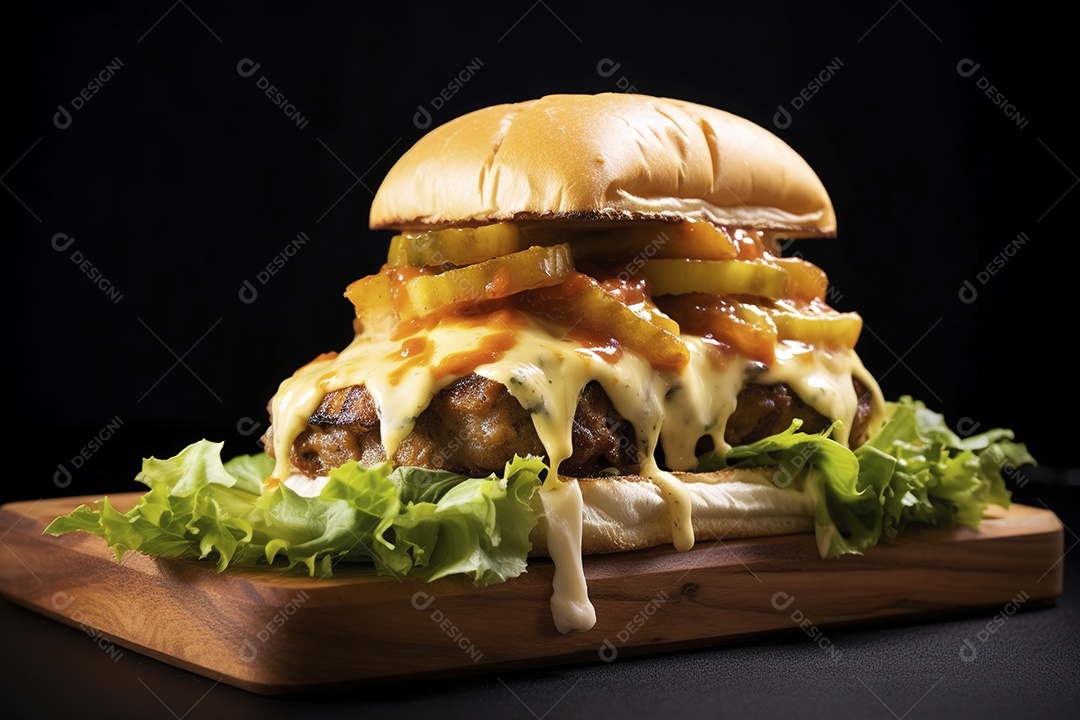 Hambúrguer saboroso de carne com queijo e salada