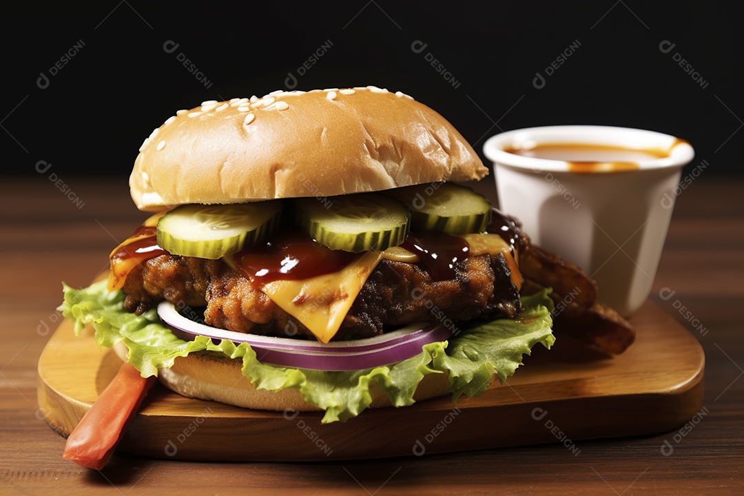 Hambúrguer saboroso de carne com queijo e salada
