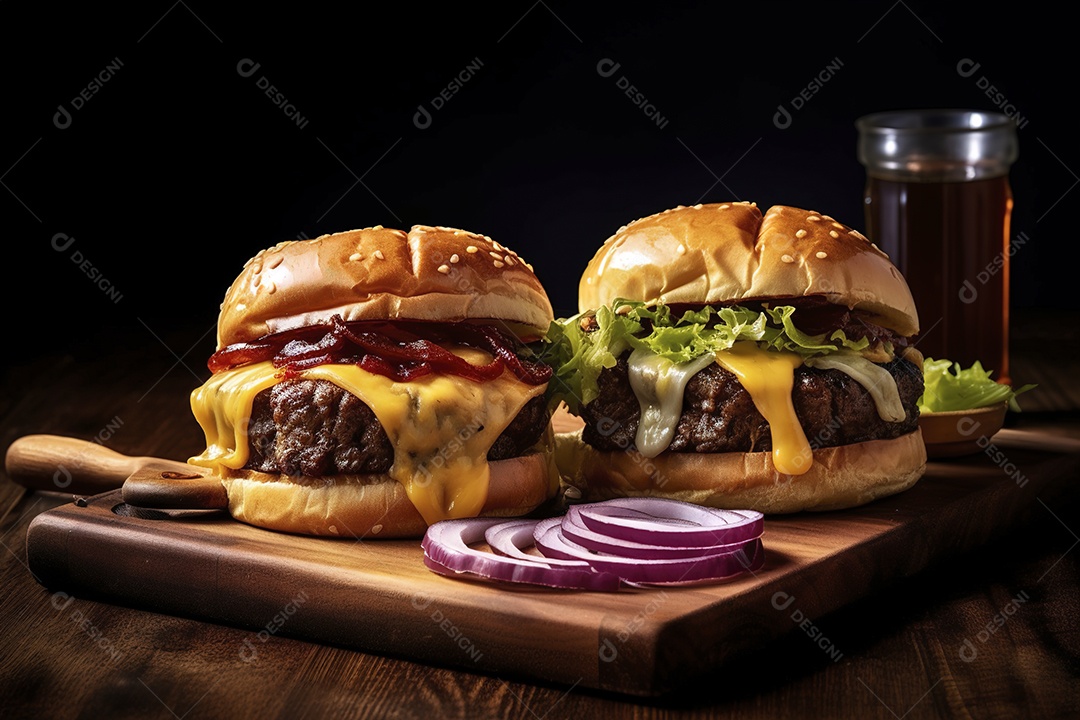 Hambúrguer saboroso de carne com queijo e salada