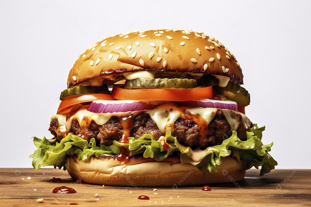 Hambúrguer saboroso de carne com queijo e salada