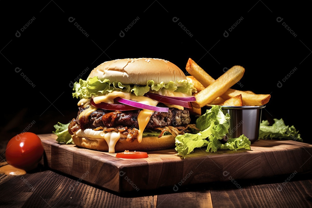 Hambúrguer saboroso de carne com queijo e salada