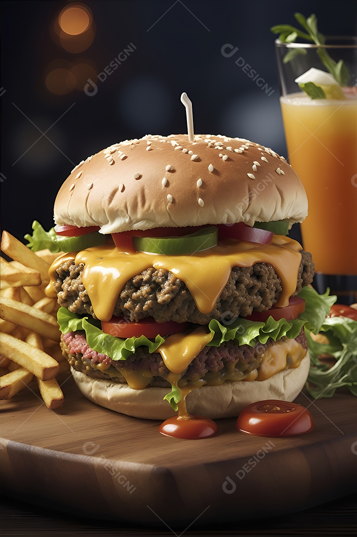 Hambúrguer saboroso de carne com queijo e salada