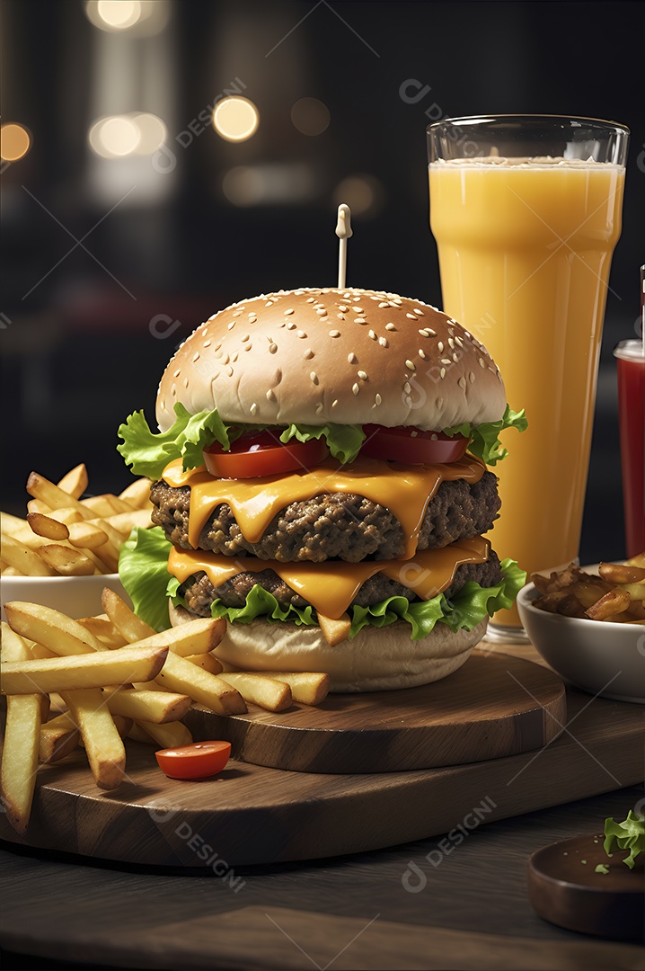 Hambúrguer saboroso de carne com queijo e salada