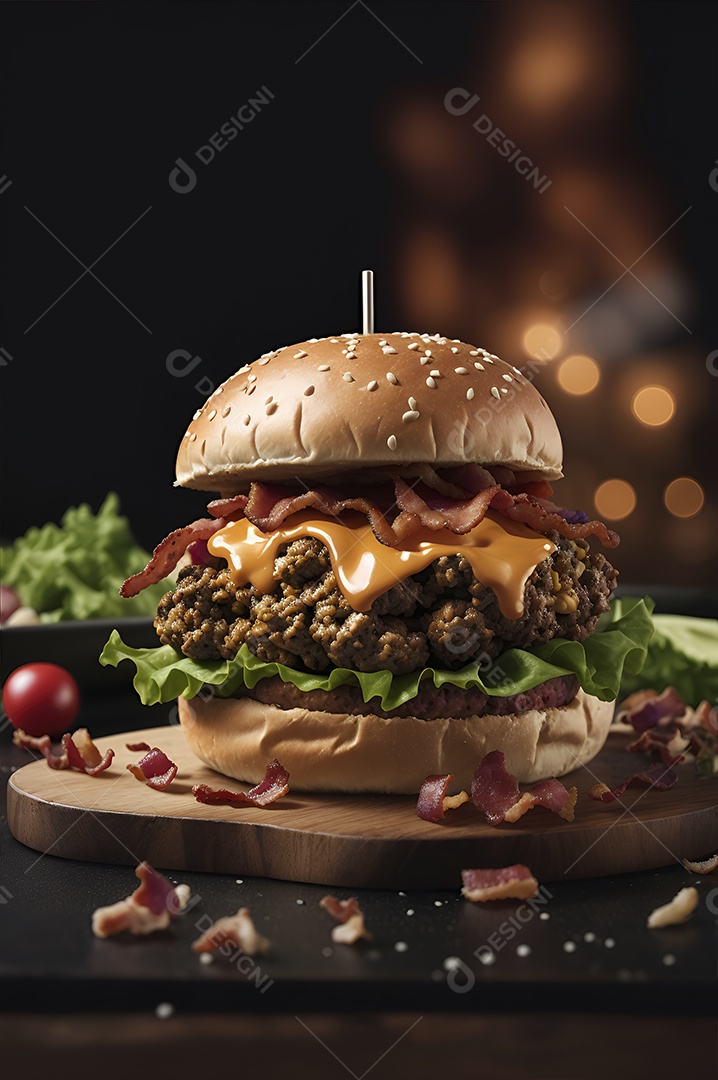 Hambúrguer saboroso de carne com queijo e salada