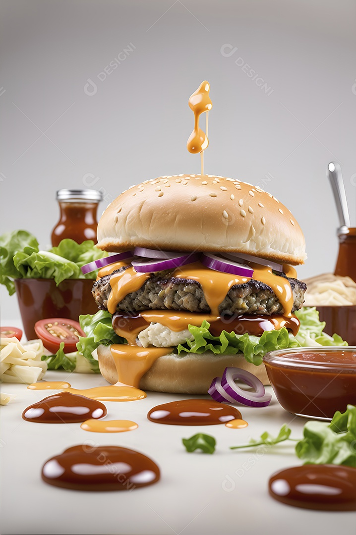 Hambúrguer saboroso de carne com queijo e salada