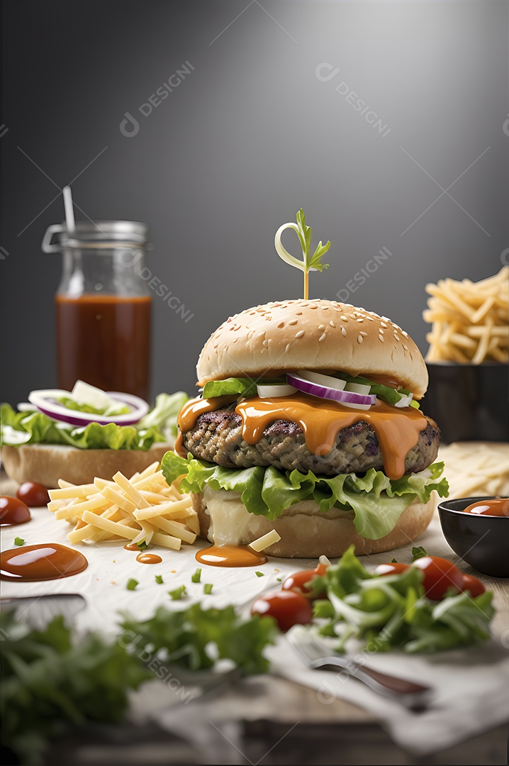 Hambúrguer saboroso de carne com queijo e salada