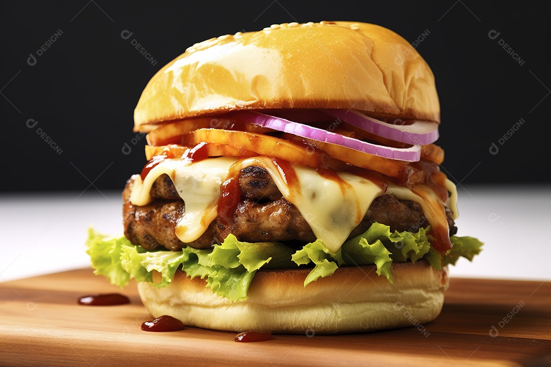 Hambúrguer saboroso de carne com queijo e salada