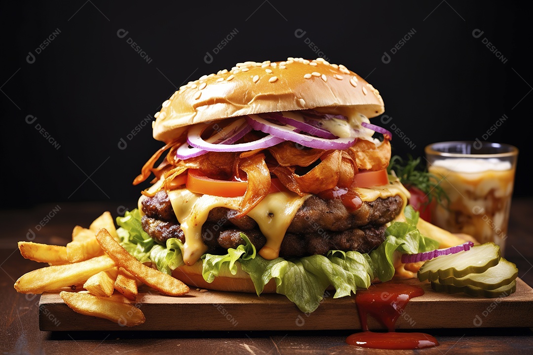 Hambúrguer saboroso de carne com queijo e salada