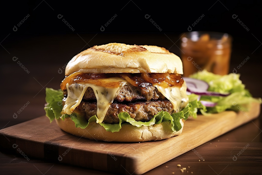 Hambúrguer saboroso de carne com queijo e salada