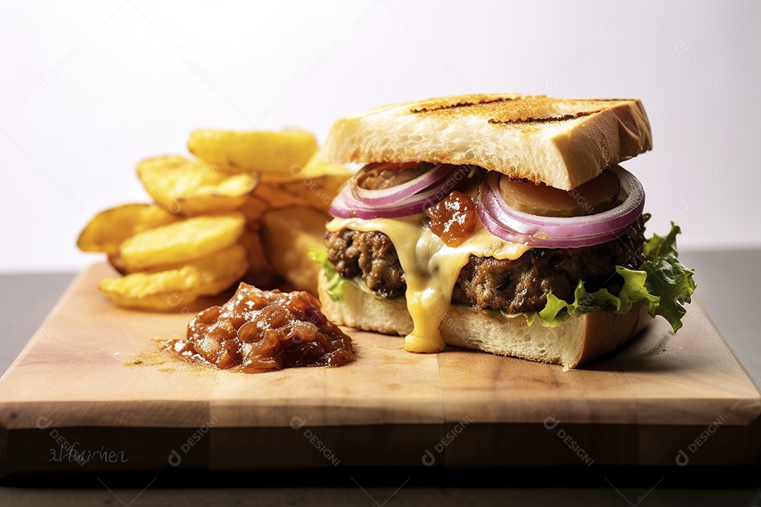 Hambúrguer saboroso de carne com queijo e salada