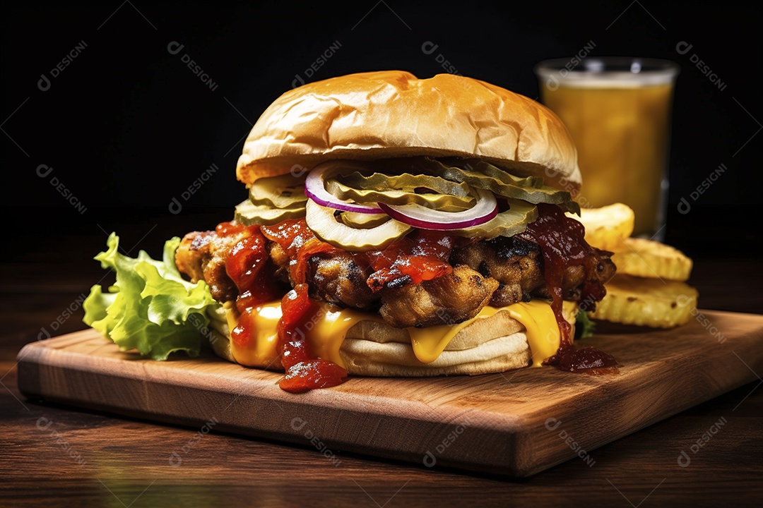 Hambúrguer saboroso de carne com queijo e salada
