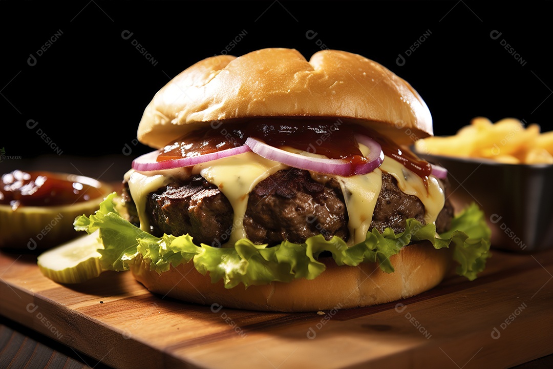 Hambúrguer saboroso de carne com queijo e salada