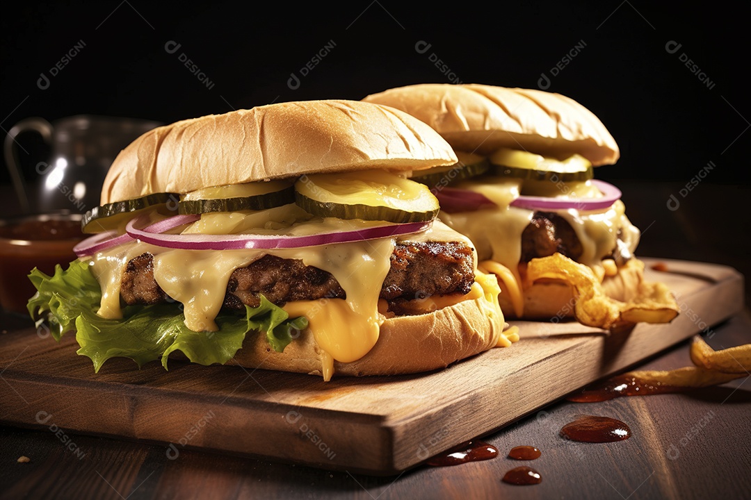 Hambúrguer saboroso de carne com queijo e salada