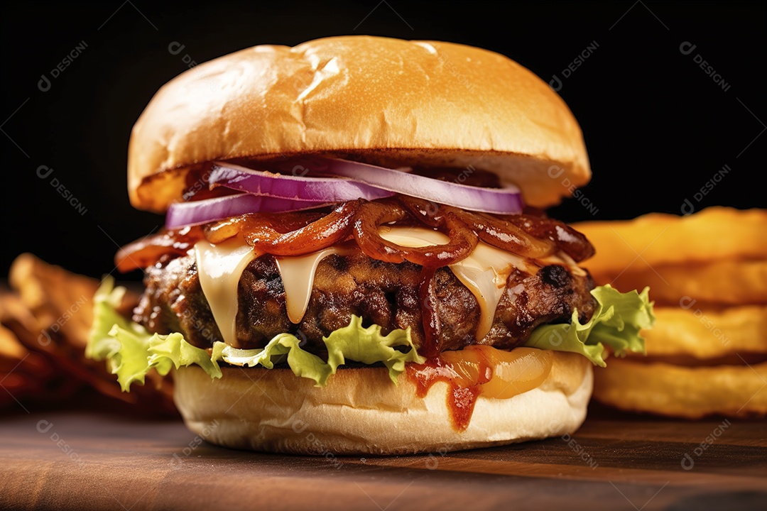 Hambúrguer saboroso de carne com queijo e salada