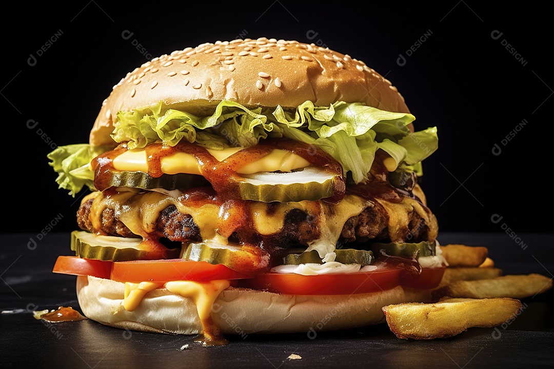 Hambúrguer saboroso de carne com queijo e salada