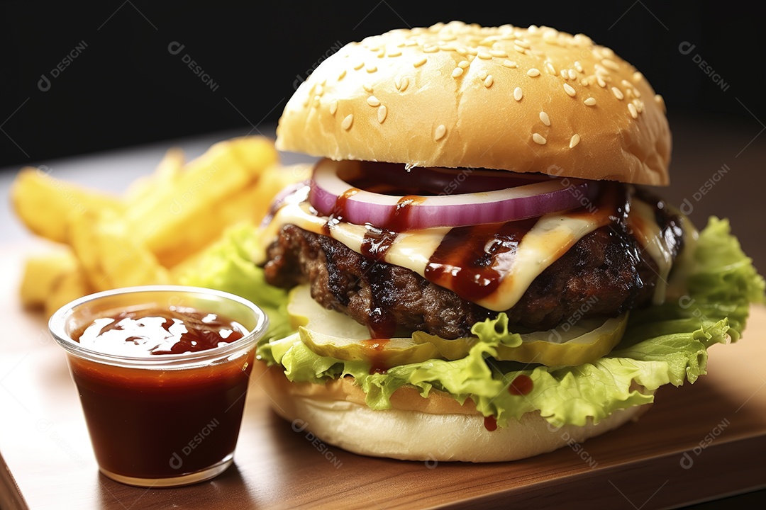 Hambúrguer saboroso de carne com queijo e salada