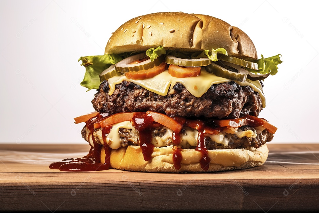 Hambúrguer saboroso de carne com queijo e salada