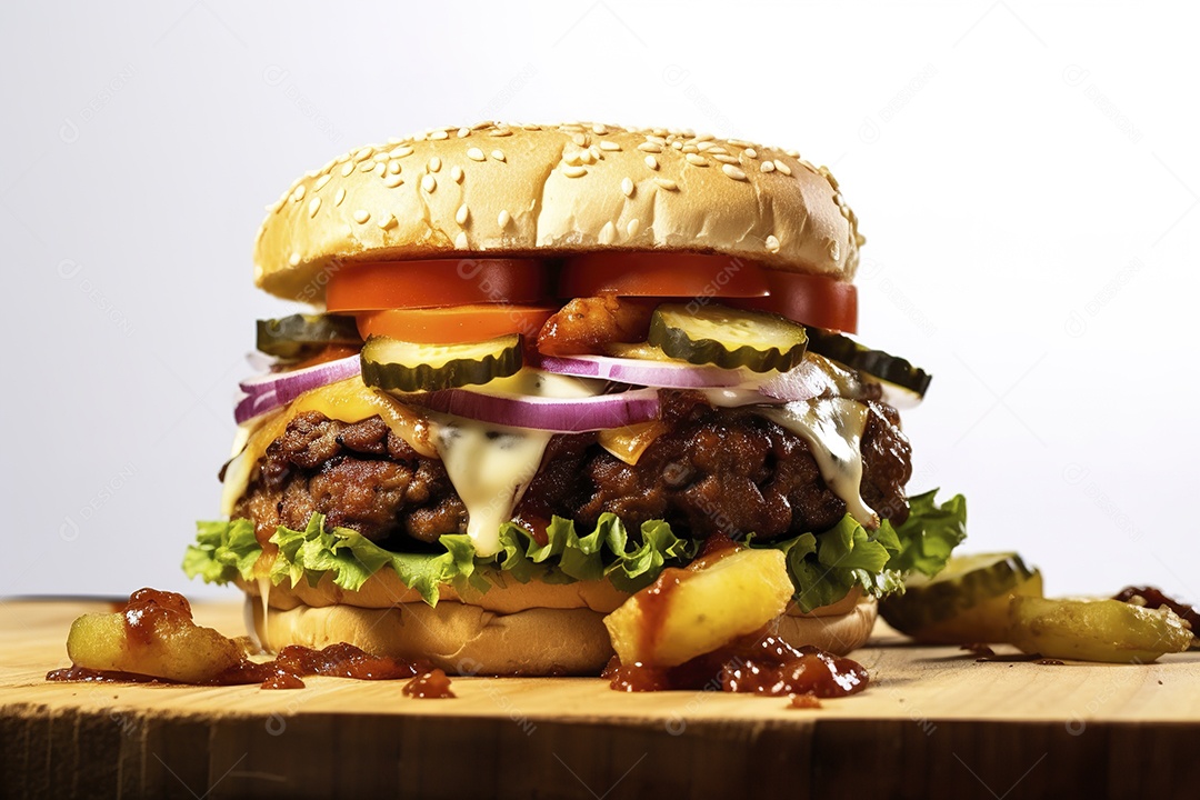 Hambúrguer saboroso de carne com queijo e salada