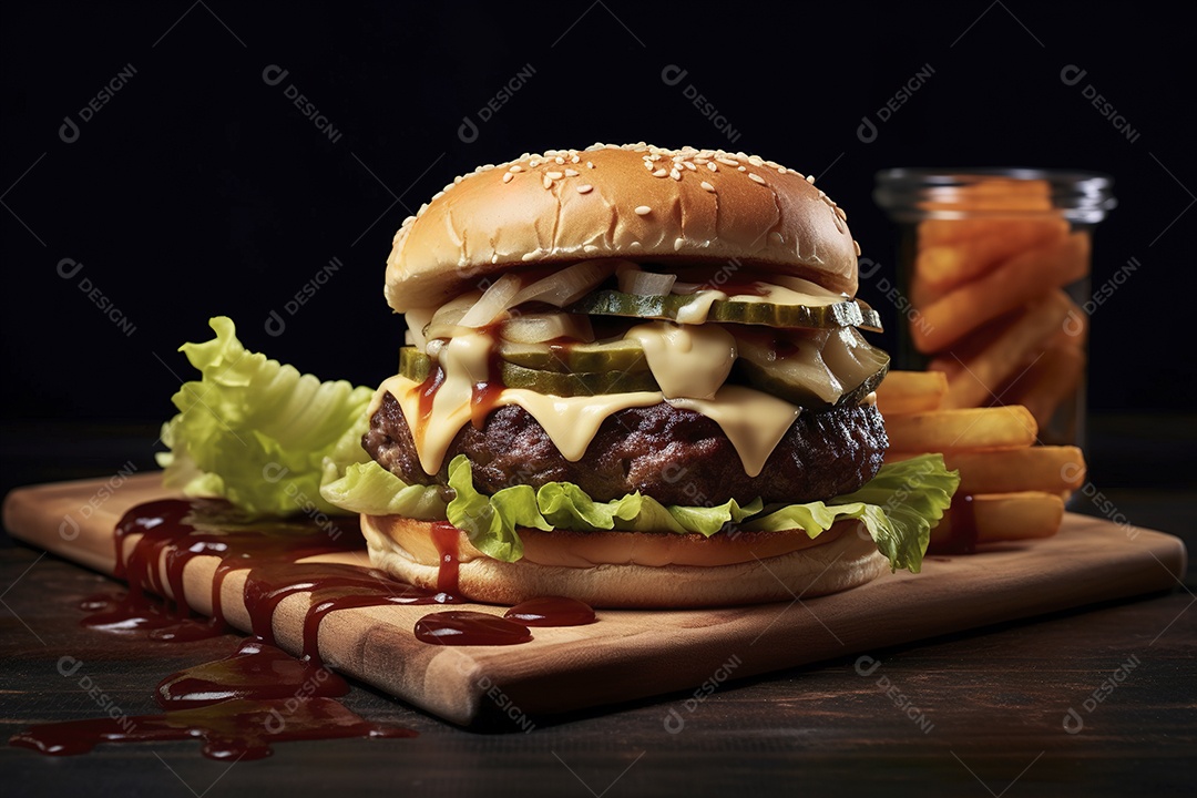 Hambúrguer saboroso de carne com queijo e salada