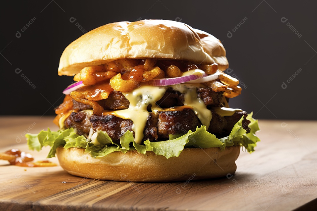 Hambúrguer saboroso de carne com queijo e salada