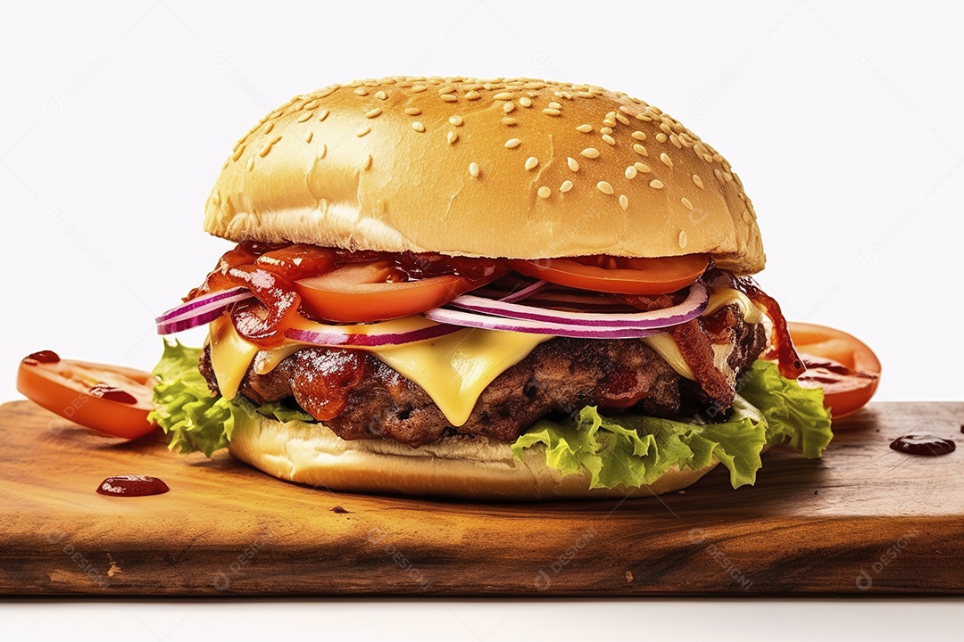 Hambúrguer saboroso de carne com queijo e salada