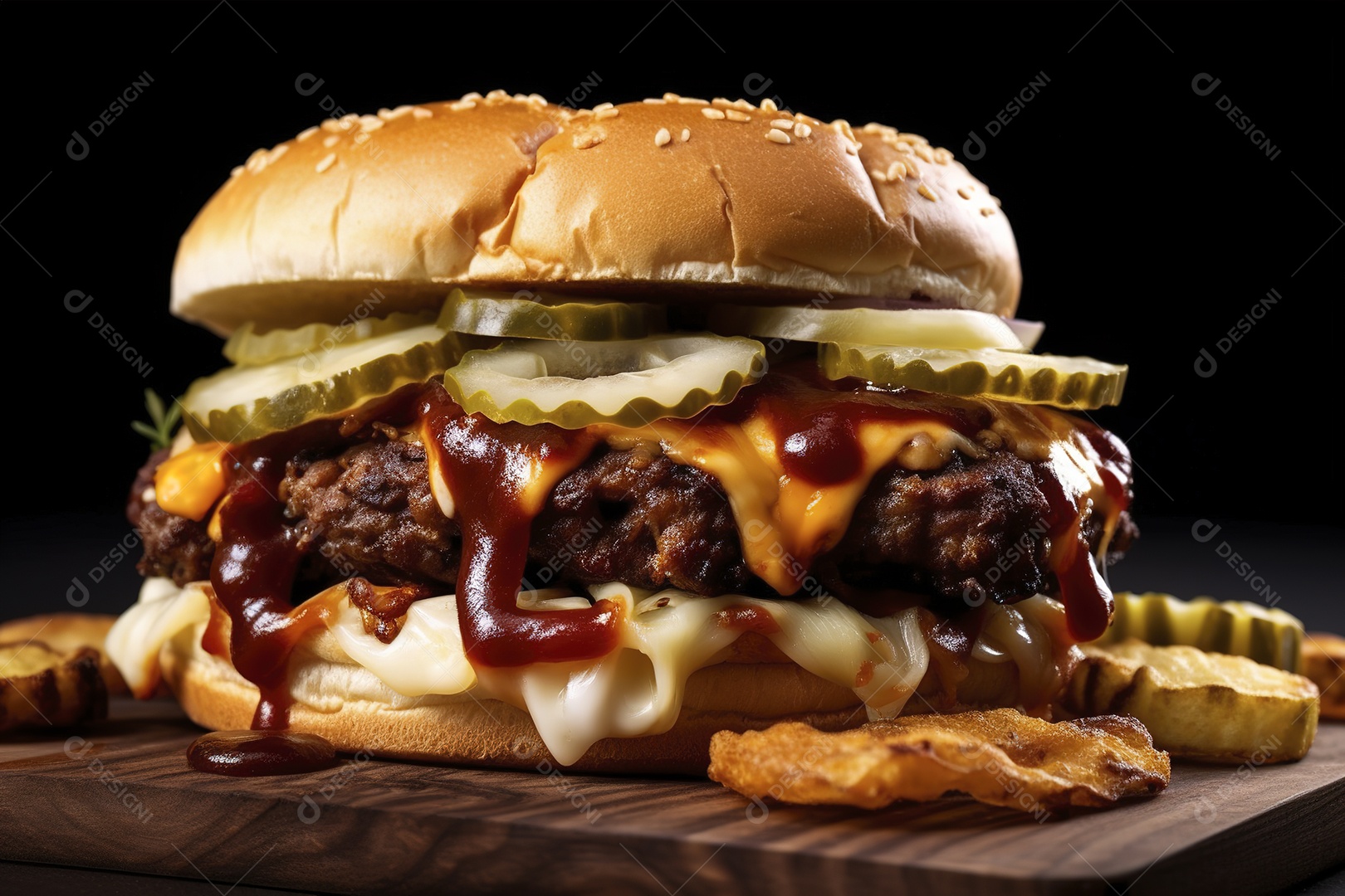 Hambúrguer saboroso de carne com queijo e salada