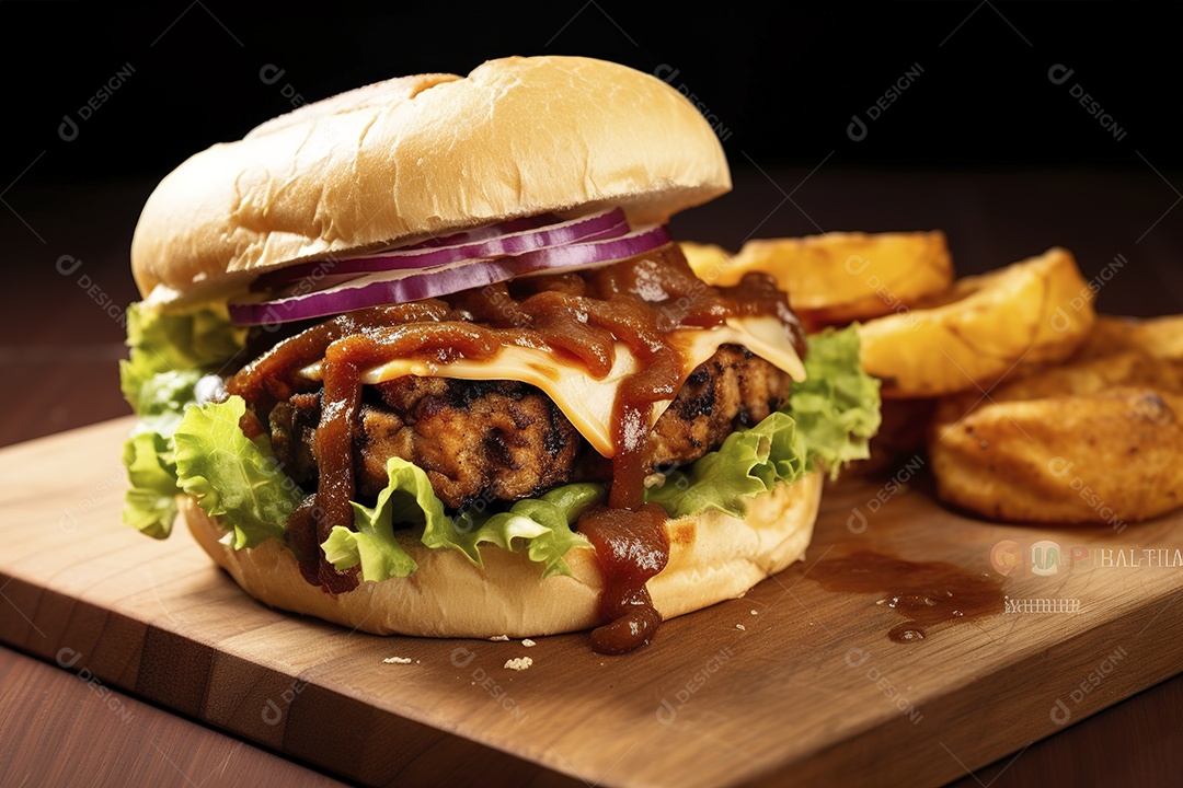 Hambúrguer saboroso de carne com queijo e salada
