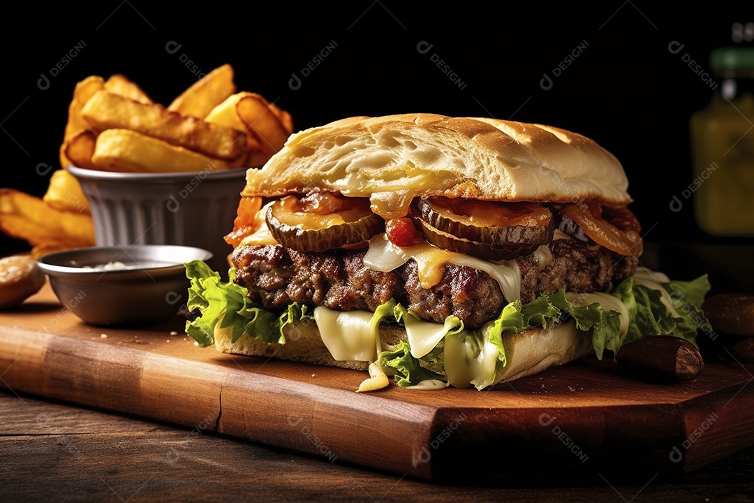 Hambúrguer saboroso de carne com queijo e salada
