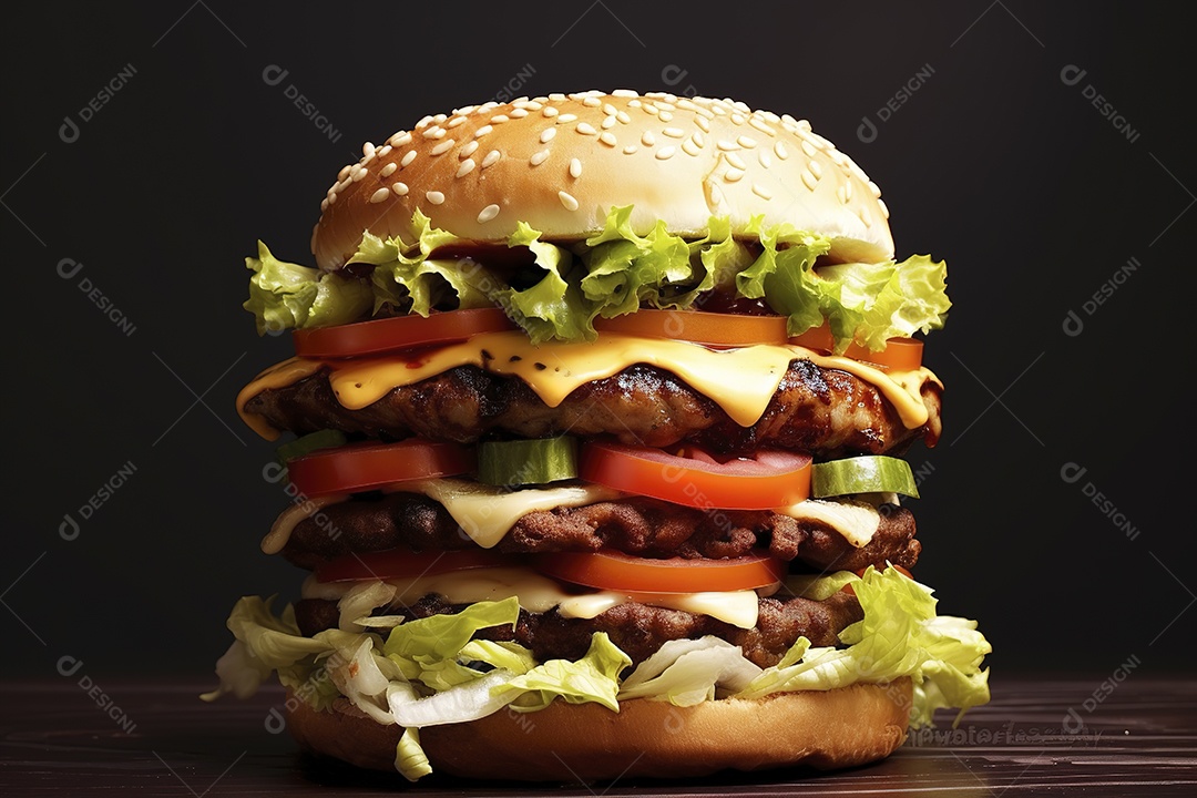 Hambúrguer saboroso de carne com queijo e salada