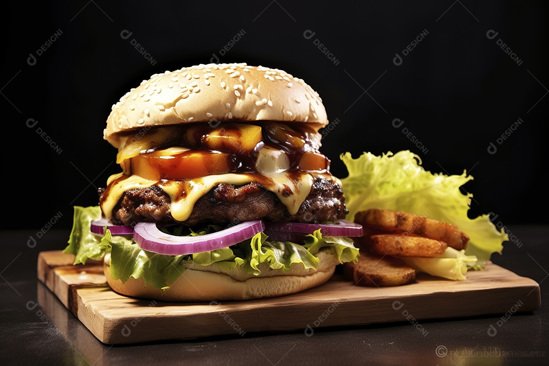 Hambúrguer saboroso de carne com queijo e salada