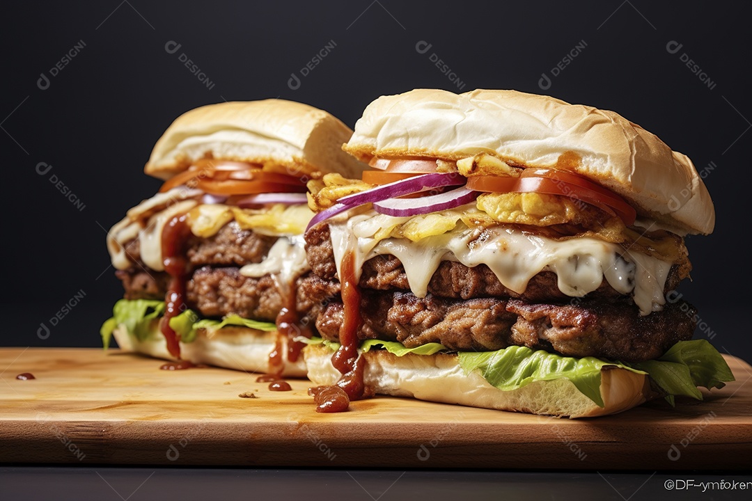 Hambúrguer saboroso de carne com queijo e salada