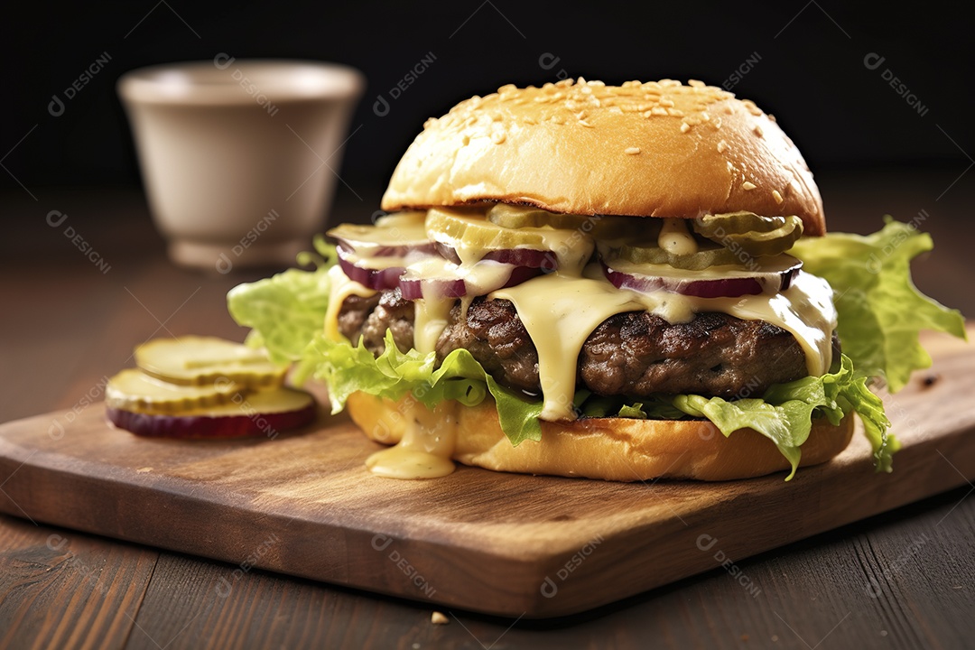 Hambúrguer saboroso de carne com queijo e salada