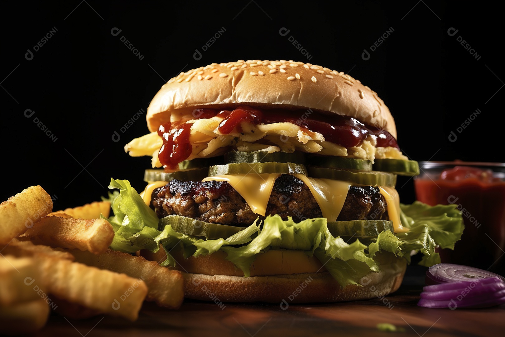 Hambúrguer saboroso de carne com queijo e salada