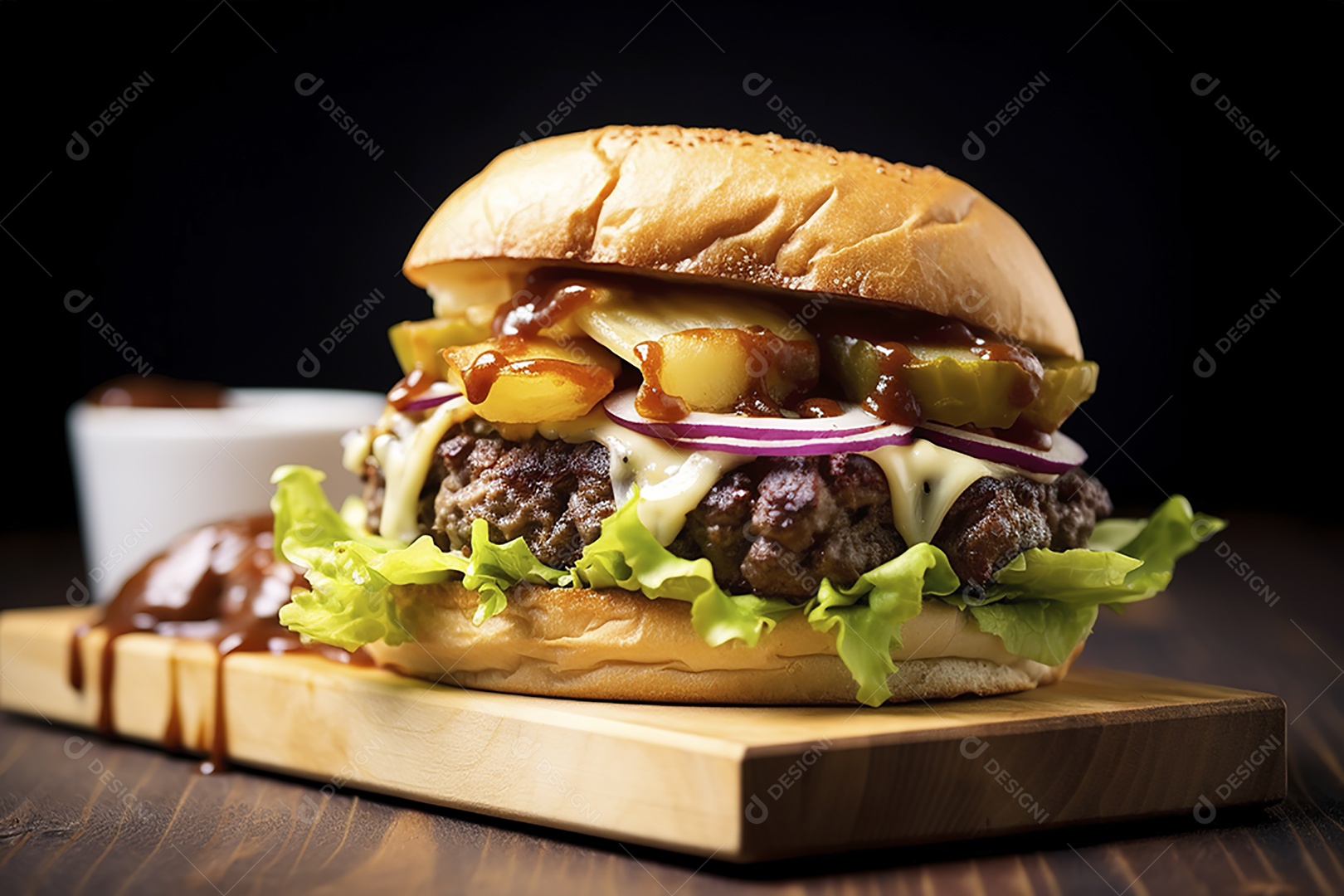 Hambúrguer saboroso de carne com queijo e salada