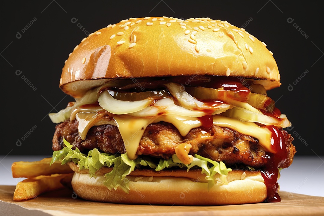 Hambúrguer saboroso de carne com queijo e salada