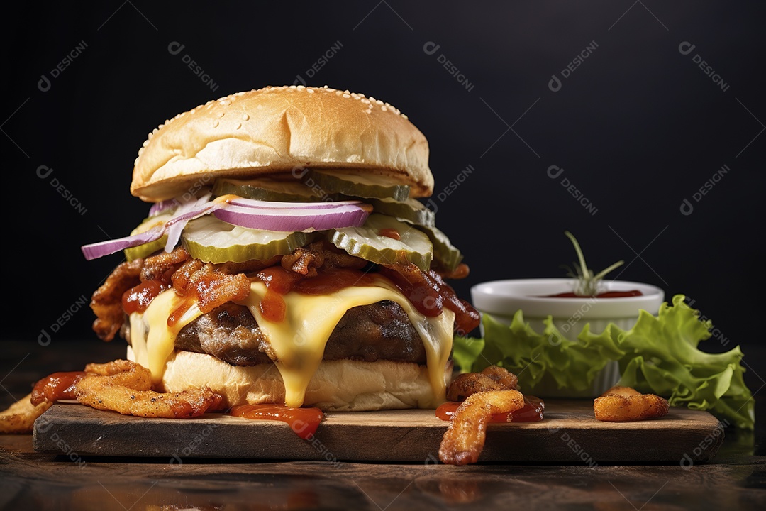 Hambúrguer saboroso de carne com queijo e salada