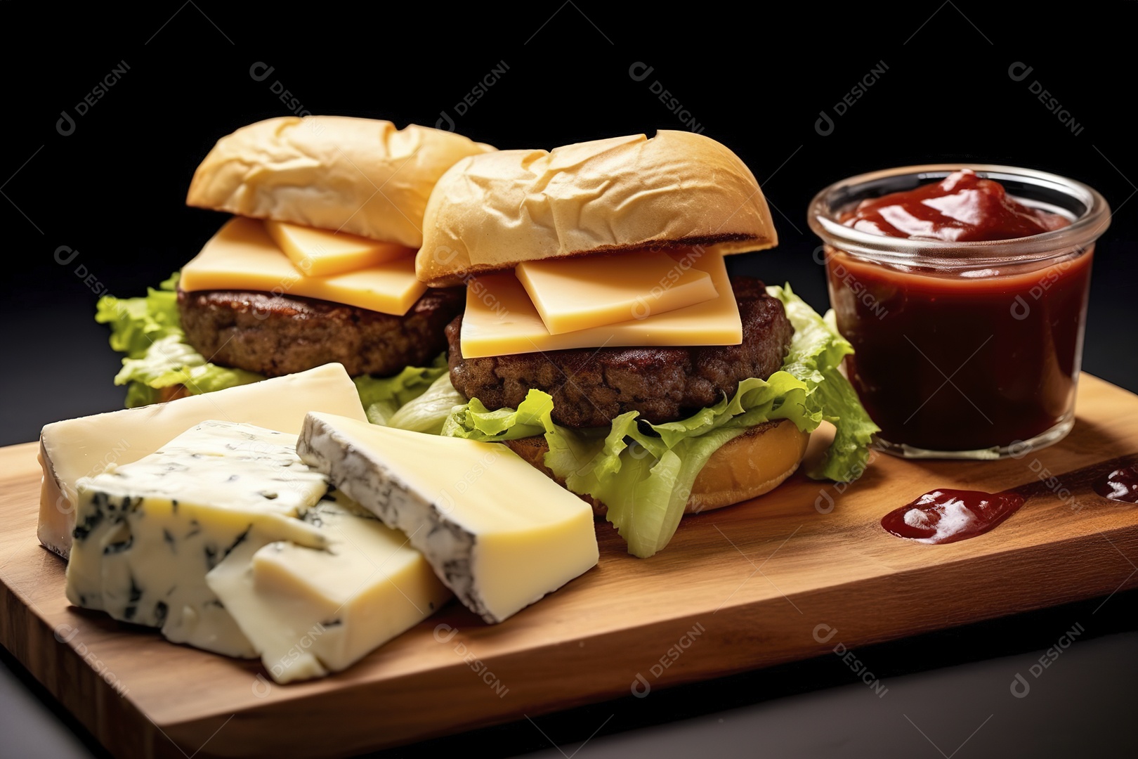 Hambúrguer saboroso de carne com queijo e salada