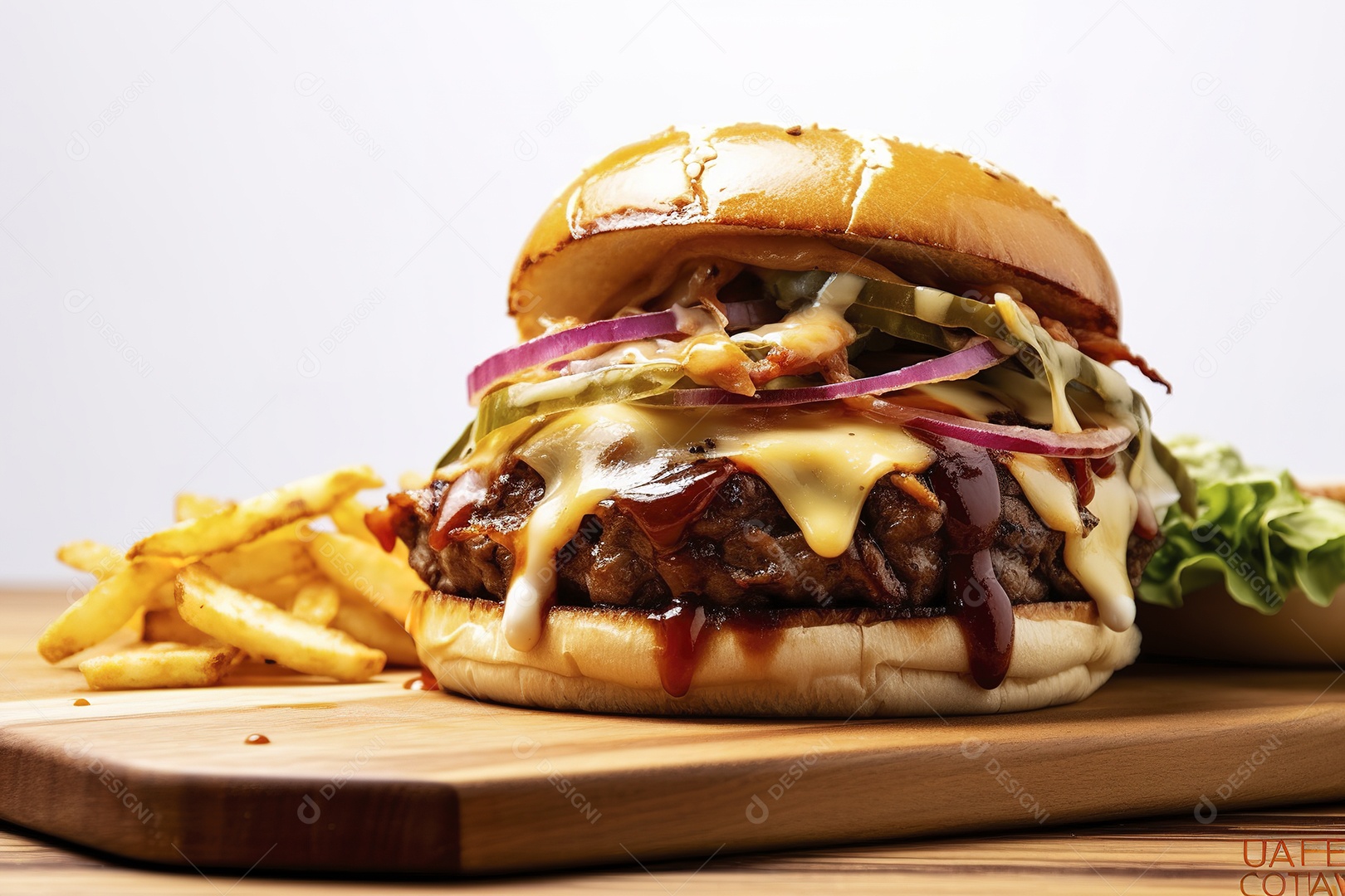 Hambúrguer saboroso de carne com queijo e salada