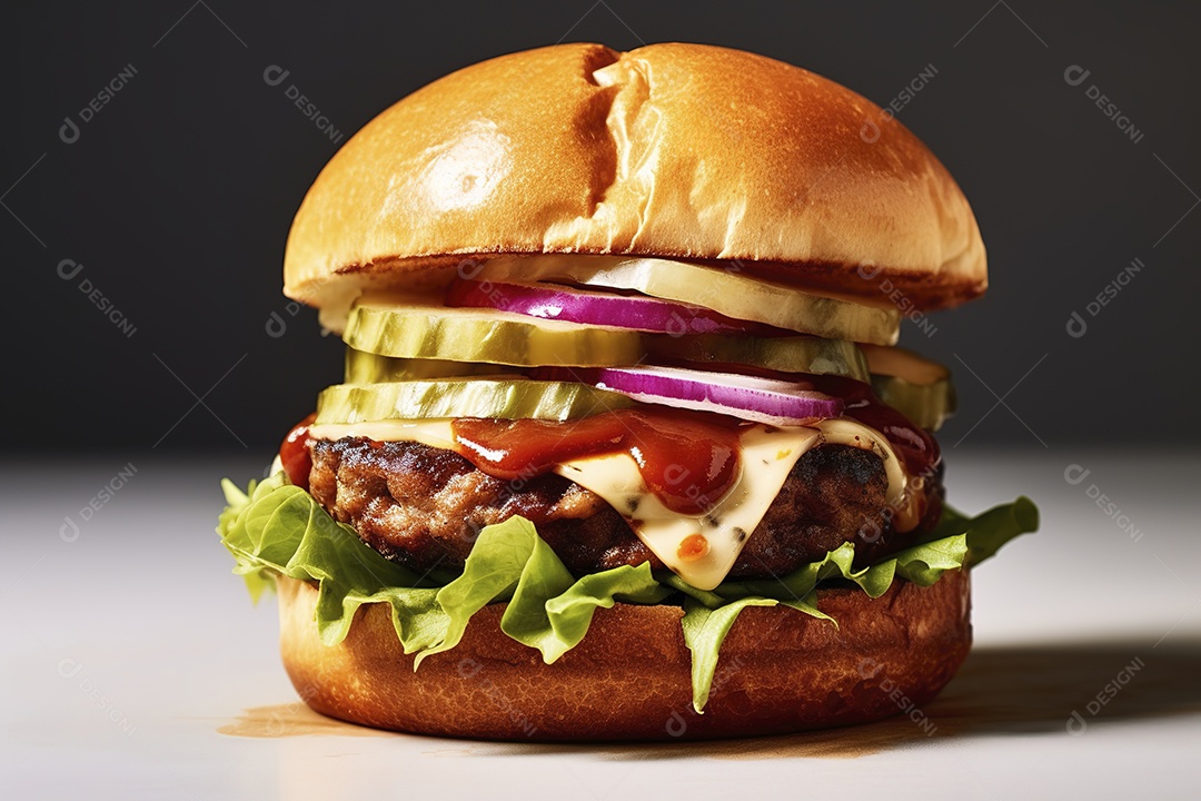 Hambúrguer saboroso de carne com queijo e salada