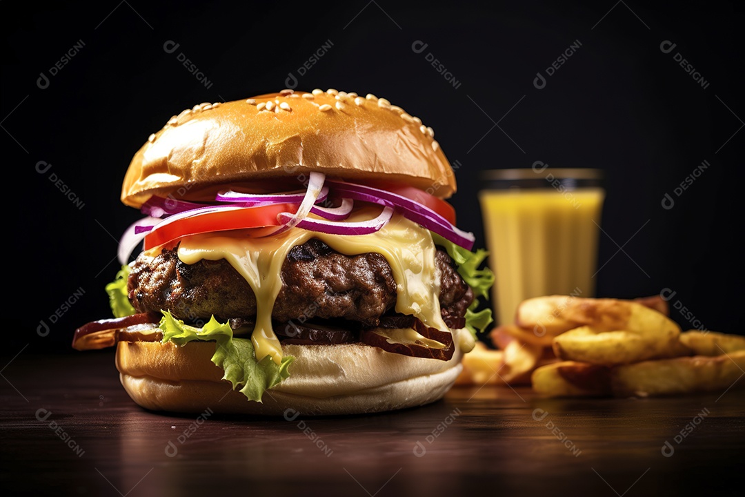 Hambúrguer saboroso de carne com queijo e salada