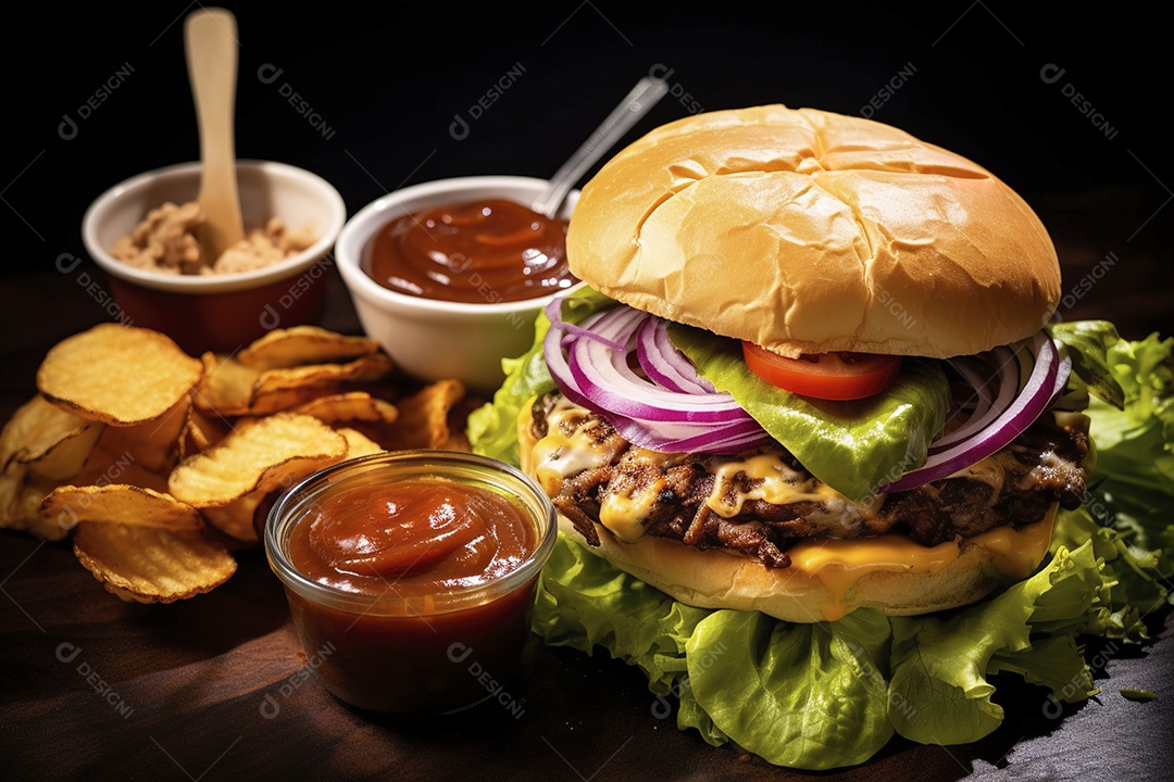 Hambúrguer saboroso de carne com queijo e salada