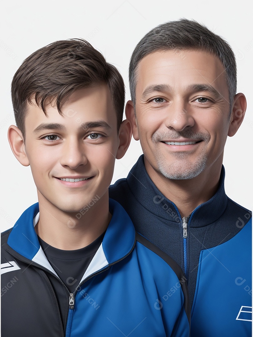 Pai e filho sorridentes em fundo branco