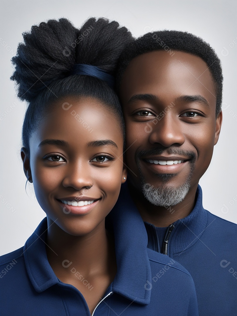 Pai e filha sorridentes em fundo branco