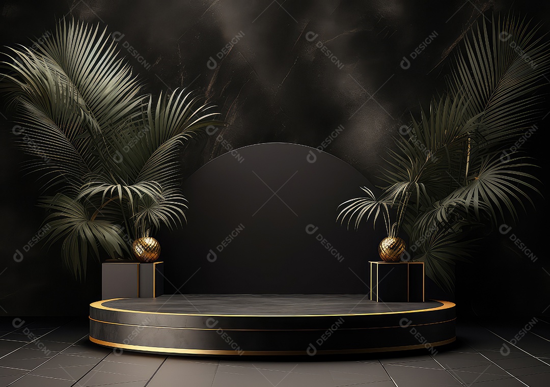 Pódio preto e dourado com folha para decoração de produtos adequados. IA Gerativa