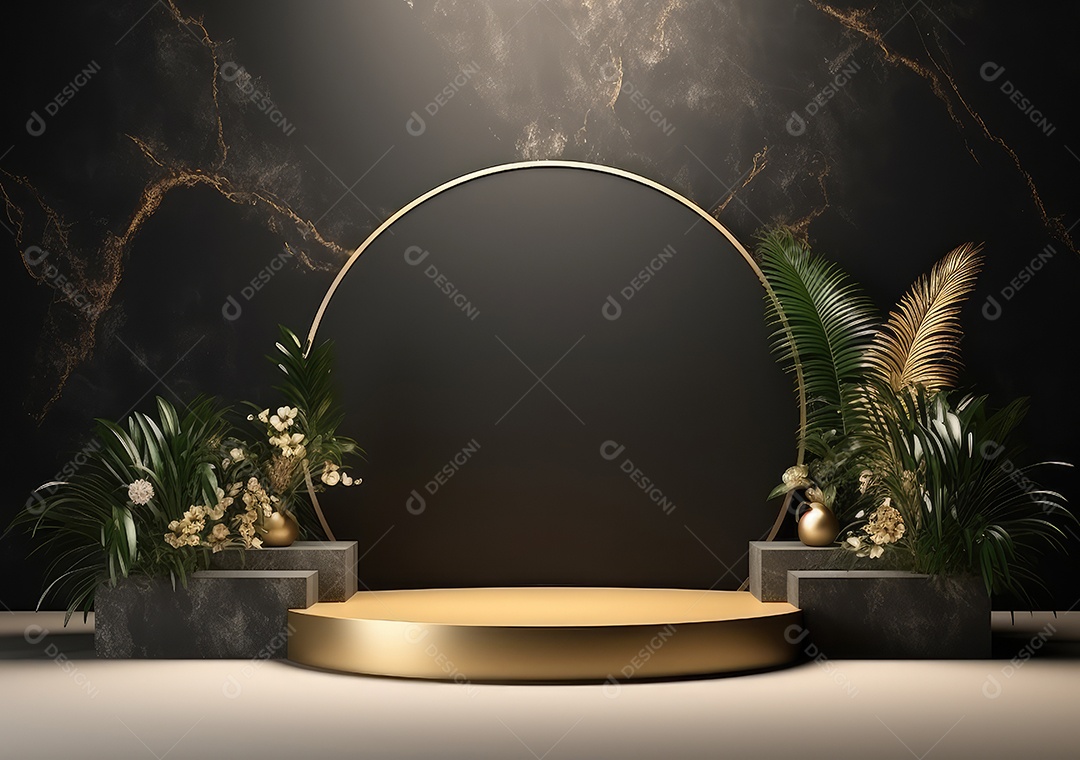 Pódio preto e dourado com folha para decoração de produtos adequados. IA Gerativa