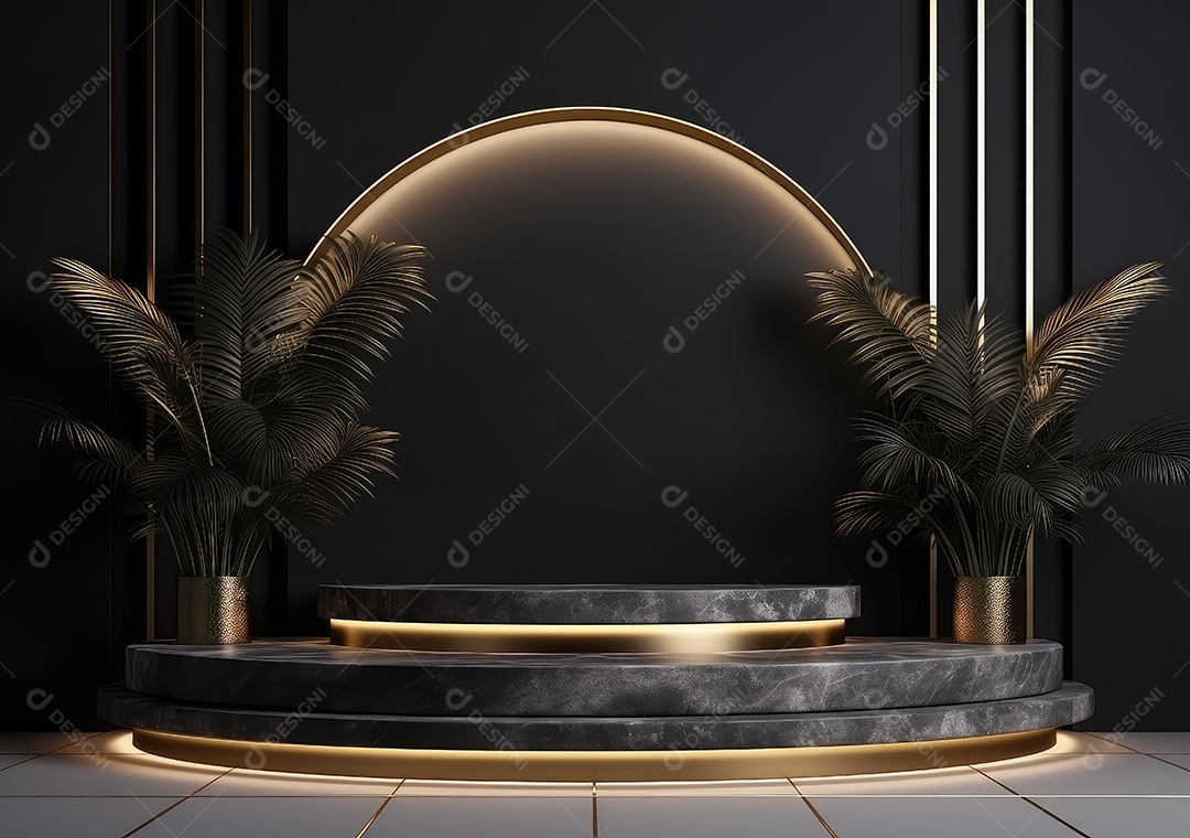 Pódio preto e dourado com folha para decoração de produtos adequados. IA Gerativa