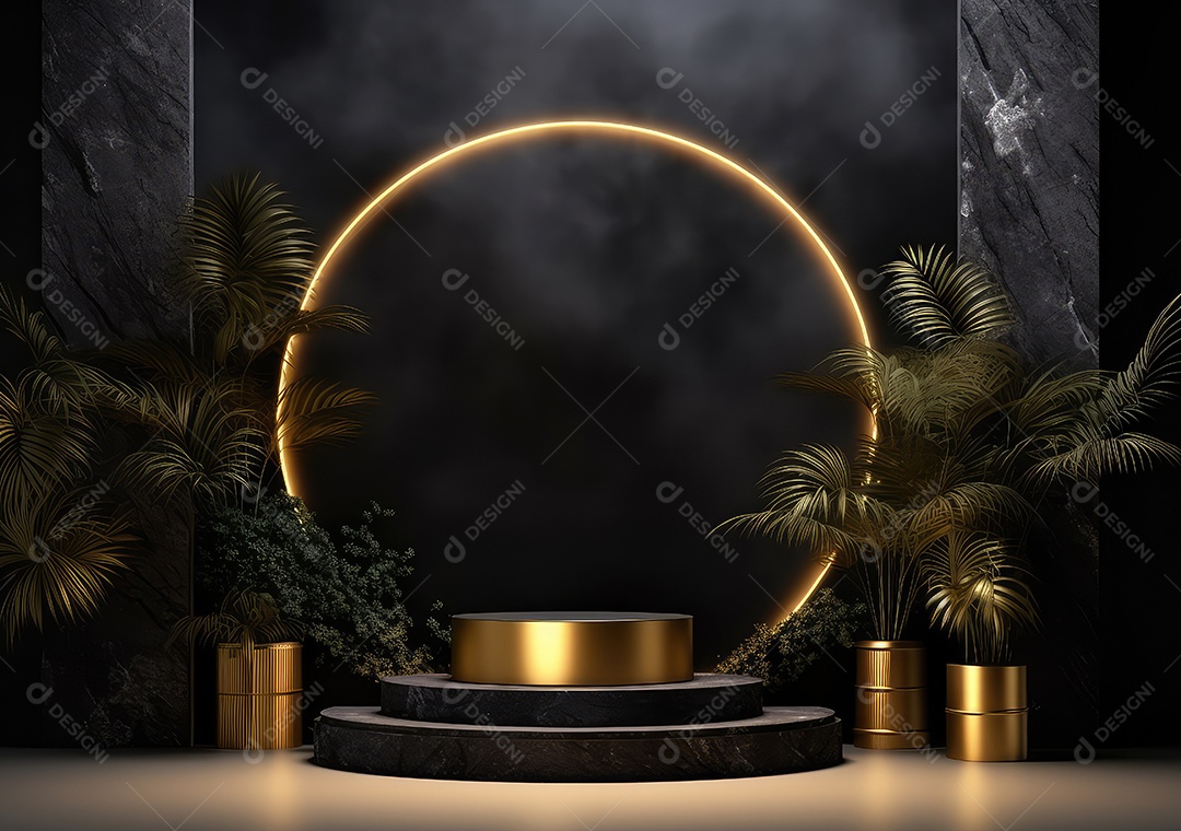Pódio preto e dourado com folha para decoração de produtos adequados. IA Gerativa